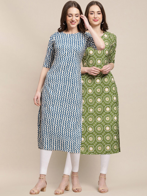 

1 Stop Fashion Women Pack of 2 Blue & Green Ethnic Motifs Printed Crepe Kurta