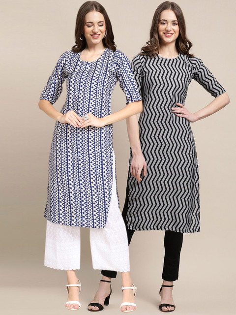 

1 Stop Fashion Women Pack of 2 Blue & Black Geometric Printed Crepe Kurta