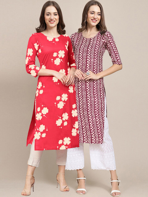 

1 Stop Fashion Women Pack of 2 Red & Maroon Floral Printed Crepe Kurta