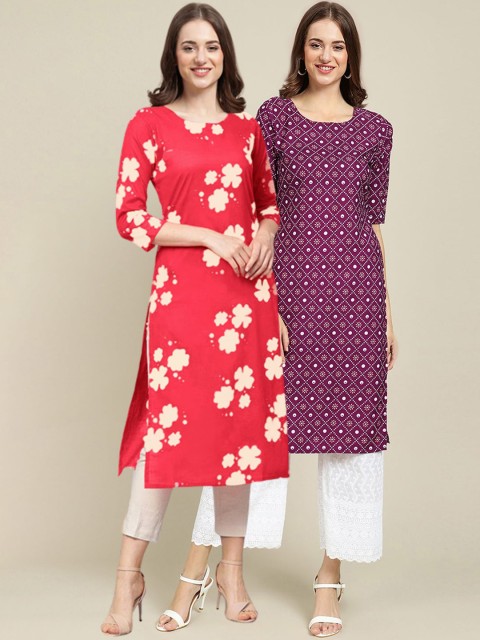 

1 Stop Fashion Women Pack of 2 Red & Magenta Floral Printed Crepe Kurta