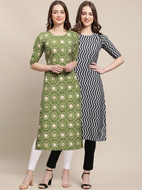 

1 Stop Fashion Women Pack of 2 Green & Black Geometric Printed Crepe Kurta