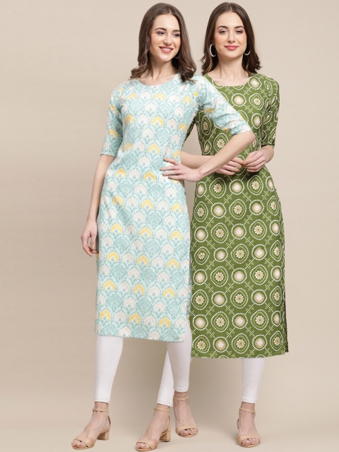 

1 Stop Fashion Women Pack of 2 Sea Green & Green Ethnic Motifs Printed Crepe Kurta