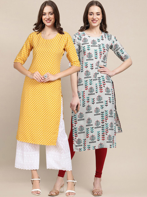 

1 Stop Fashion Women Yellow & Grey 2 Floral Printed Crepe Kurta
