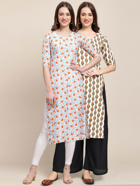 

1 Stop Fashion Women White & Orange 2 Floral Printed Crepe Kurta