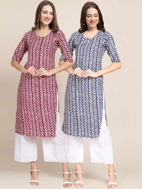 

1 Stop Fashion Women White & Blue 2 Geometric Printed Crepe Kurta