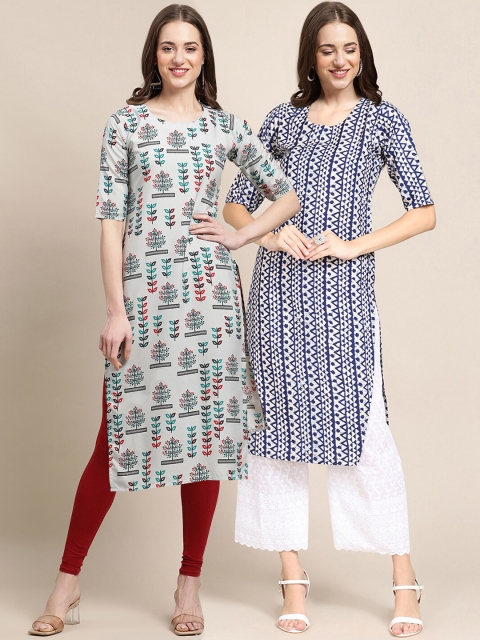 

1 Stop Fashion Women White & Blue 2 Geometric Printed Crepe Kurta