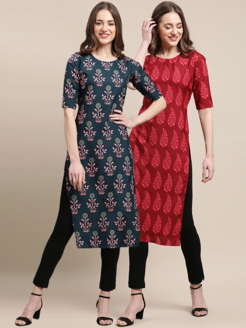 

1 Stop Fashion Women Red & Green 2 Floral Printed Crepe Kurta