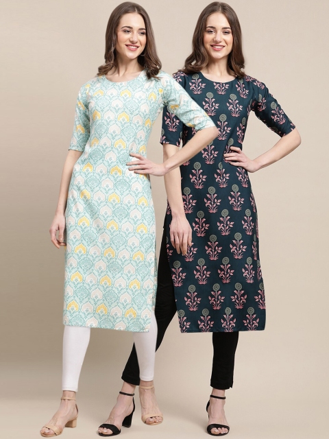 

1 Stop Fashion Women Blue & Green 2 Floral Printed Crepe Kurta