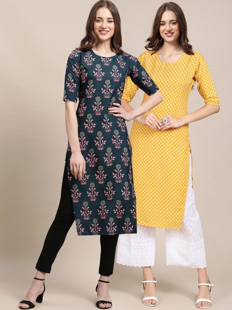 

1 Stop Fashion Women Yellow & Green 2 Floral Printed Crepe Kurta