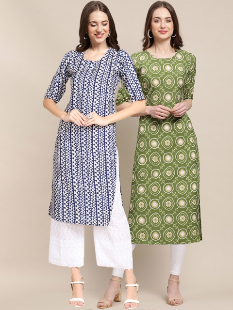 

1 Stop Fashion Women White & Blue 2 Geometric Printed Crepe Kurta