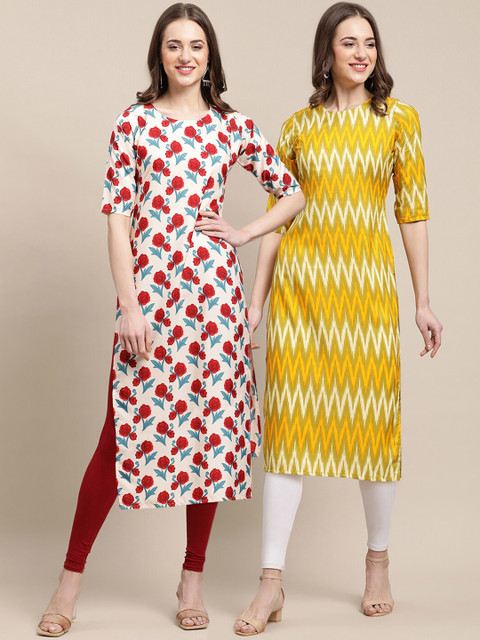 

1 Stop Fashion Women White & Yellow 2 Floral Printed Crepe Kurta