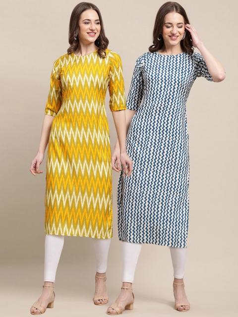 

1 Stop Fashion Women White & Yellow 2 Geometric Printed Crepe Kurta