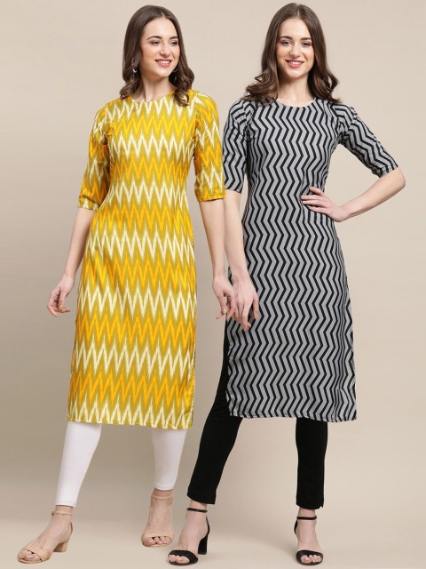 

1 Stop Fashion Women Pack of 2 Yellow & Black Printed Crepe Kurtas