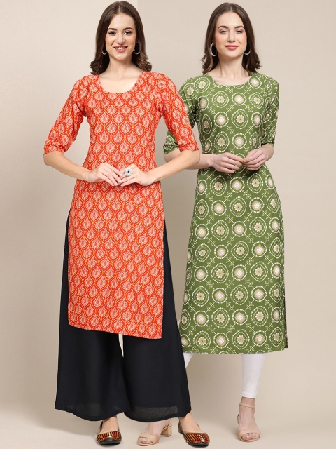 

1 Stop Fashion Women Pack of 2 Orange & Green Printed Crepe Kurtas