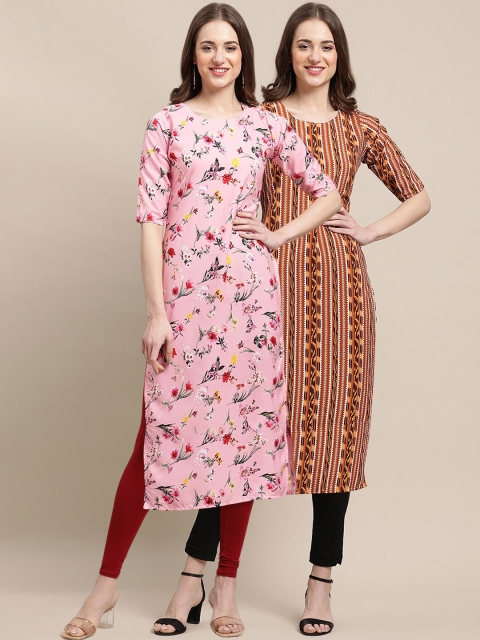 

1 Stop Fashion Women Pack of 2 Pink & Brown Printed Crepe Kurtas