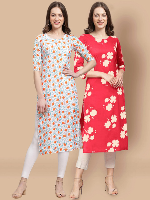 

1 Stop Fashion Women Pack of 2 Blue & Red Printed Crepe Kurtas