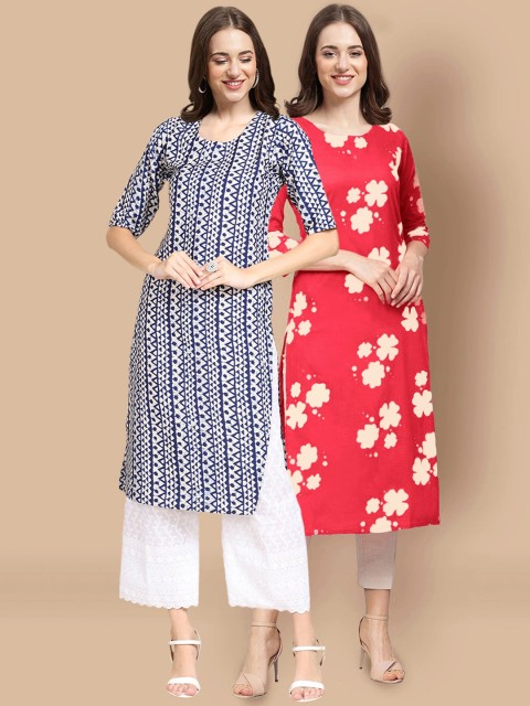 

1 Stop Fashion Women Pack of 2 Blue & Red Printed Crepe Kurtas