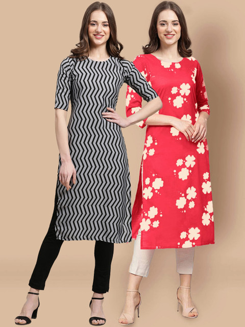 

1 Stop Fashion Women Pack of 2 Black & Red Printed Crepe Kurtas
