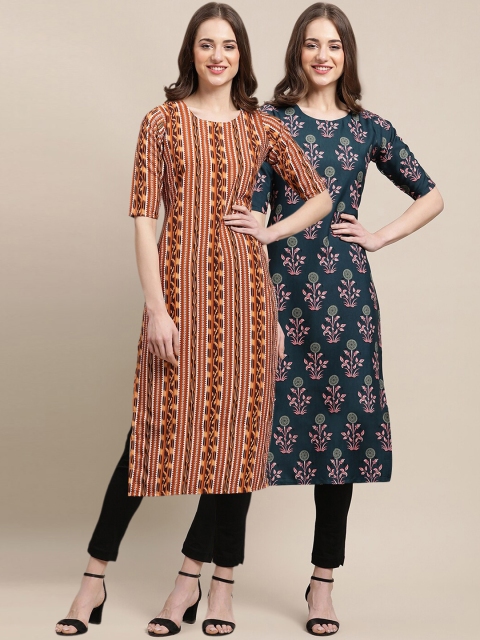 

1 Stop Fashion Women Pack of 2 Brown & Teal Printed Crepe Kurtas