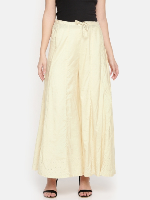 

Biba Women Cream-Coloured Flared Solid Silk Palazzos