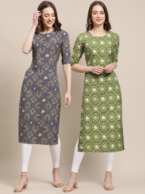 

1 Stop Fashion Women Pack of 2 Beige & Green Printed Crepe Kurtas