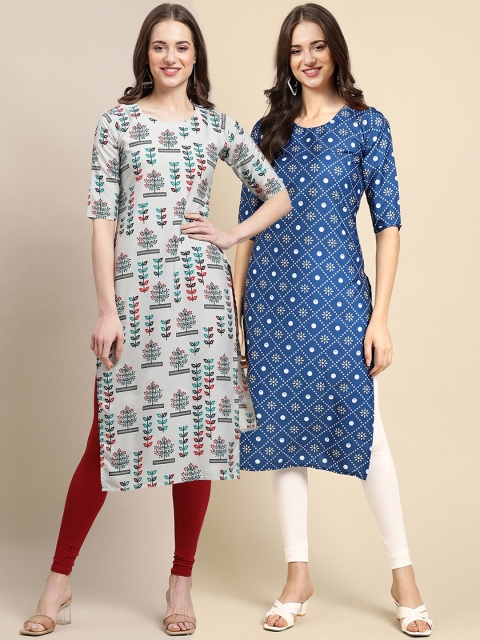 

1 Stop Fashion Women Pack of 2 Grey & Blue Printed Crepe Kurtas