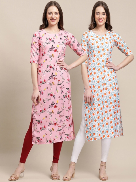

1 Stop Fashion Women Pack of 2 Pink & Blue Printed Crepe Kurtas