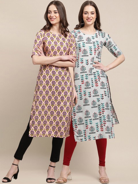 

1 Stop Fashion Women Pack of 2 Peach-Coloured & Grey Printed Crepe Kurtas