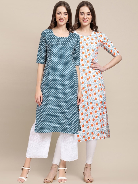 

1 Stop Fashion Women Pack Of 2 Blue & White Geometric Printed Crepe Kurta