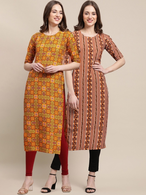 1 Stop Fashion Women Pack Of 2 Brown & Yellow Geometric Printed Crepe Kurta