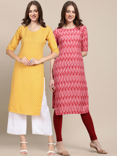 

1 Stop Fashion Women Yellow & Red Pack Of 2 Geometric Printed Crepe Kurta