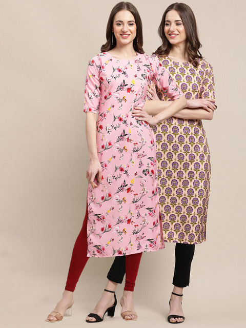 

1 Stop Fashion Women Pack Of 2 Pink & Beige Ethnic Motifs Printed Crepe Kurta