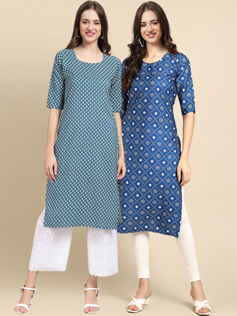 

1 Stop Fashion Women Pack Of 2 Blue & Navy Blue Geometric Printed Crepe Kurta