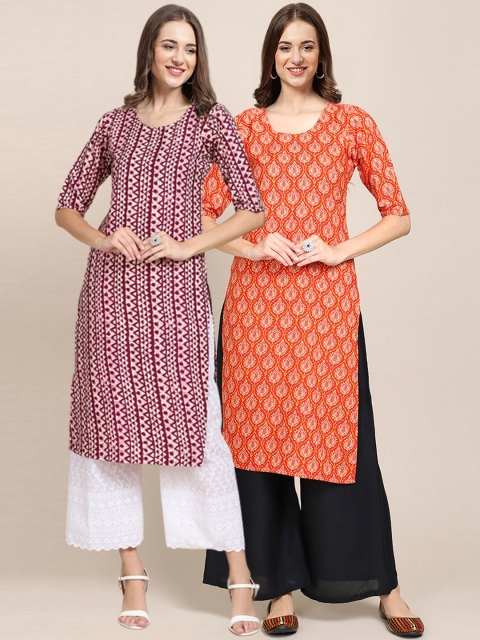 

1 Stop Fashion Women Pack Of 2 Maroon & Orange Geometric Printed Crepe Kurta