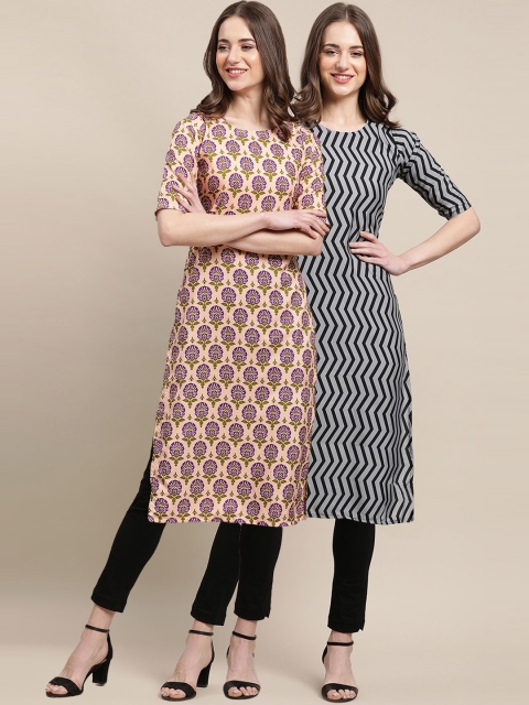 

1 Stop Fashion Women Pack Of 2 Brown & Black Geometric Printed Crepe Kurta