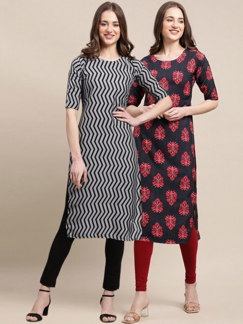 

1 Stop Fashion Women Pack Of 2 Black & Red Ethnic Motifs Printed Crepe Kurta