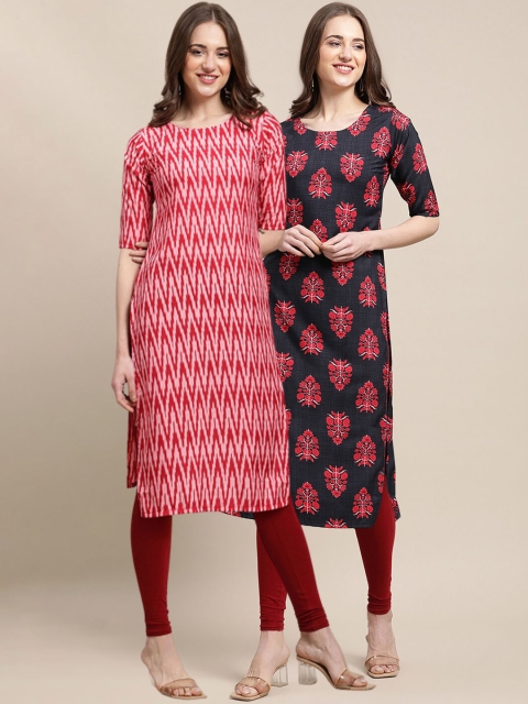 

1 Stop Fashion Women Pack Of 2 Red & Black Printed Crepe Kurtas