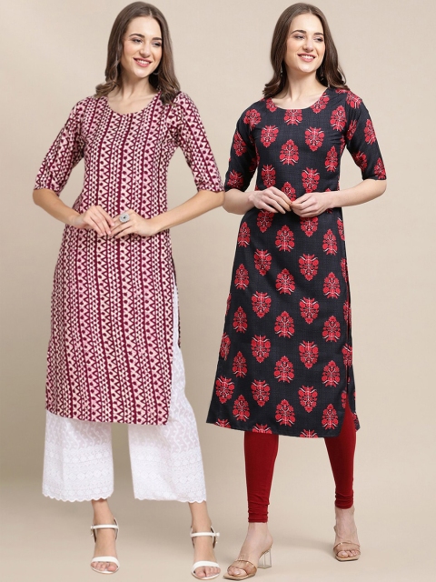 

1 Stop Fashion Women Pack Of 2 Maroon & Black Geometric Printed Crepe Kurta