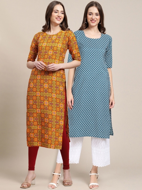

1 Stop Fashion Women Pack Of 2 Yellow & Blue Geometric Printed Crepe Kurta