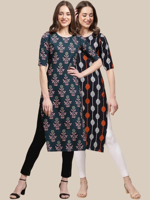 

1 Stop Fashion Women Pack Of 2 Navy Blue & Black Ethnic Motifs Printed Kurta