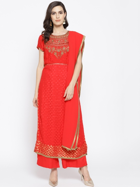 

Biba Women Red Embellished Kurta with Palazzos & Dupatta