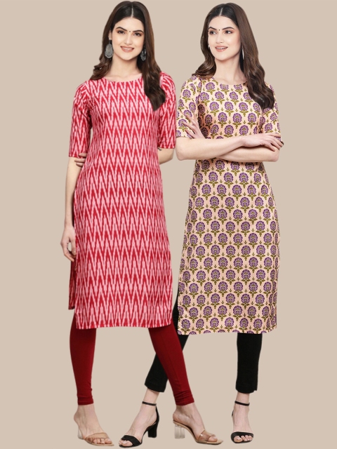 

1 Stop Fashion Women Beige & Pink Pack of 2 Printed Crepe Kurta