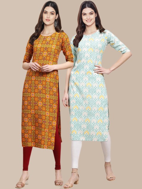 

1 Stop Fashion Women Mustard Yellow & Blue Pack of 2 Printed Crepe Kurta