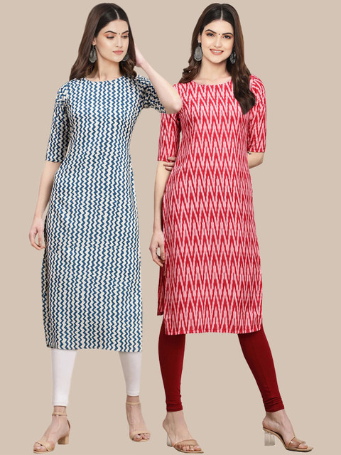 

1 Stop Fashion Women Pink & Teal Pack of 2 Printed Crepe Kurta