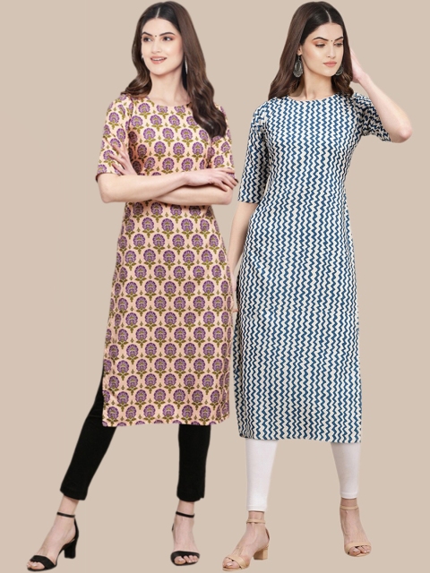 

1 Stop Fashion Women Beige & Teal Pack of 2 Printed Crepe Kurta