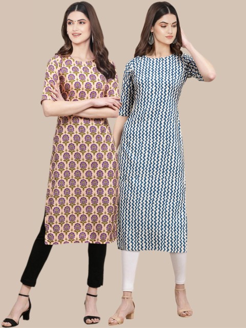 

1 Stop Fashion Women Pack of 2 Peach & Blue Printed Crepe Straight Kurta