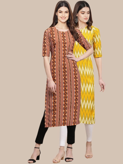 

1 Stop Fashion Women Pack of 2 Brown & Yellow Printed Crepe Straight Kurta