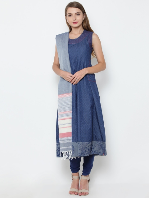 

Biba Women Navy Printed Denim A-line Kurta with Leggings & Dupatta, Navy blue