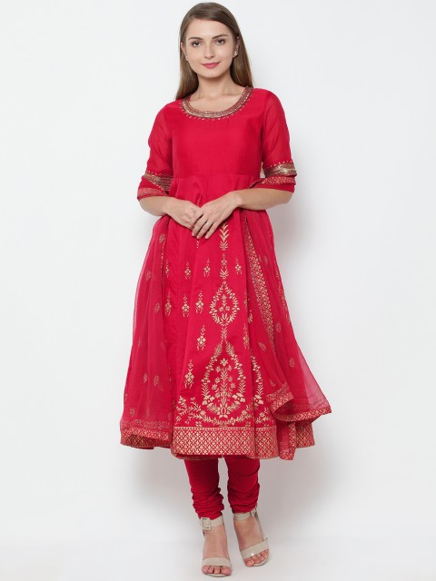 

Biba Women Red & Golden Printed Kurta with Churidar & Dupatta