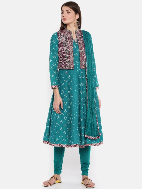 

Biba Women Blue & Printed Anarkali Kurta with Churidar & Dupatta